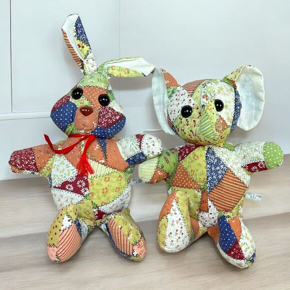 VTG 80s Faux Patchwork Quilt Bunny & Elephant 12” Stuffed Animal Plush Set of 2 - Picture 1 of 16